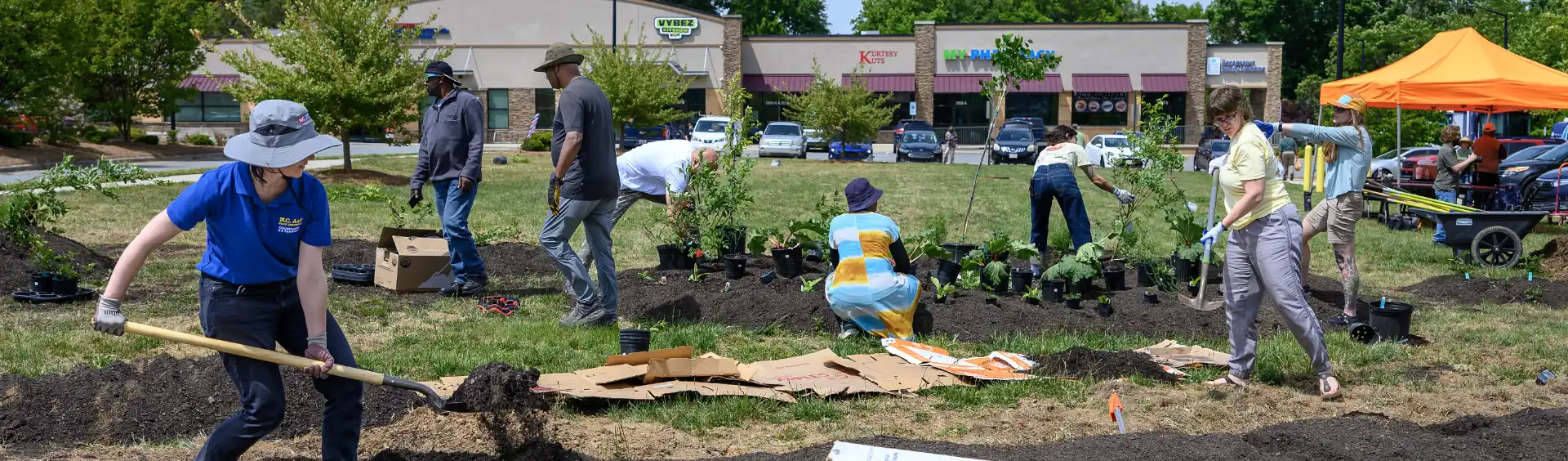 A group of people working together to plant a garden in a grassy area in front of a commercial strip mall. In the foreground, a person wearing a blue N.C. A&T Cooperative Extension shirt and a sun hat shovels dark soil, while others in the background dig, arrange potted plants, and lay down cardboard.