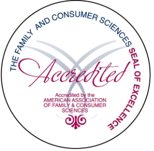 Circular seal featuring the text The Family and Consumer Sciences Seal of Excellence around the border. The center displays the word Accredited in pink script font above the text Accredited by the American Association of Family & Consumer Sciences.