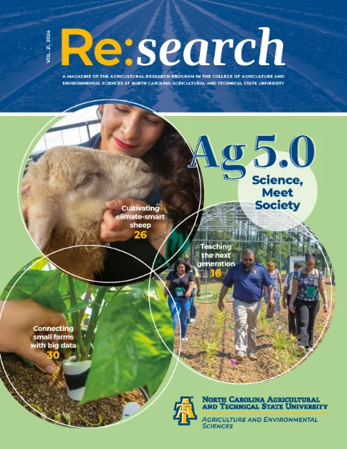 Cover of the 2024 edition of 'Re:search' magazine from North Carolina Agricultural and Technical State University. The title reads 'Ag 5.0 - Science, Meet Society.' The cover features images highlighting various agricultural research initiatives, including a woman holding a sheep labeled 'Cultivating climate-smart sheep,' a group of students walking through a greenhouse with the text 'Teaching the next generation,' and a hand holding a plant with the text 'Connecting small farms with big data.' The university's logo and name appear at the bottom.