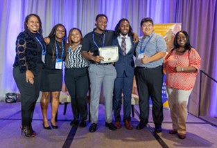 Left to right: Neela White (AAAS staff), Lige Reese (N.C. A&T student), Kaliah Moore (N.C. A&T student), Tyree Thomas (N.C. A&T student), Marquise Dark (N.C. A&T student), Dr. Yuhan Jiang (N.C. A&T Advisor), and Dr. Iris R. Wagstaff (AAAS staff)