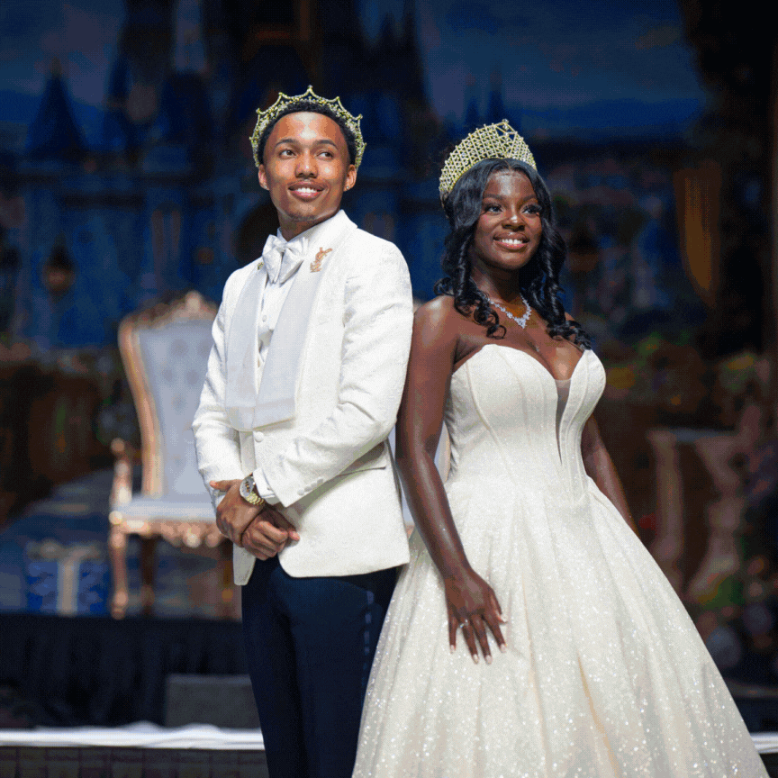 Animated gif of the homecoming queen and king at coronation, Kappas at the stepshow jumping with canes, The marching band at the parade, Aggie Alumni couple wearing blue and gold on the yard, Aggie football player with the ball, Aggie college of education employees posing in front of backdrop for photos