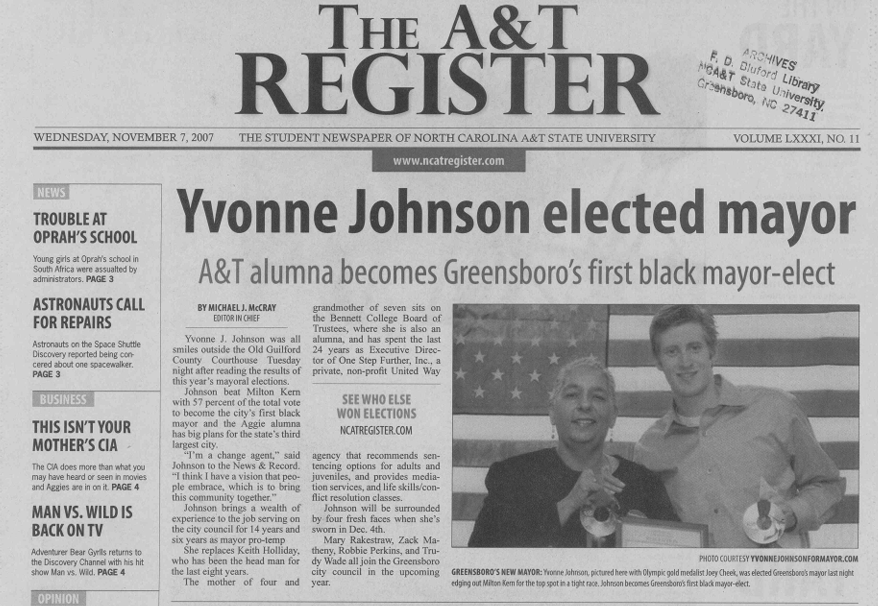 The front page of the A&T Register when alumna Yvonne Johnson was elected mayor of Greensboro.